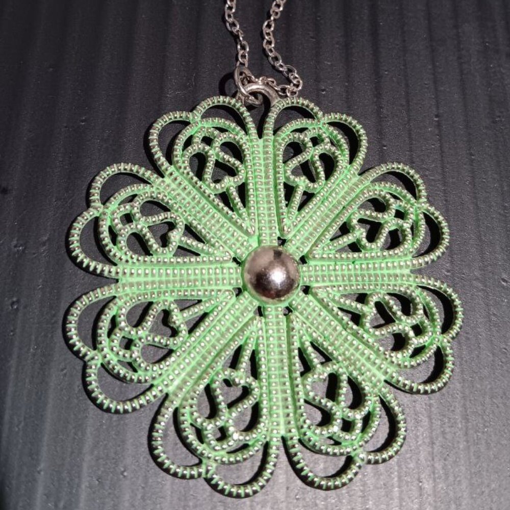 Filigree Mint Flower Stylish Pendant on a Silver Tone Long Chain Necklace